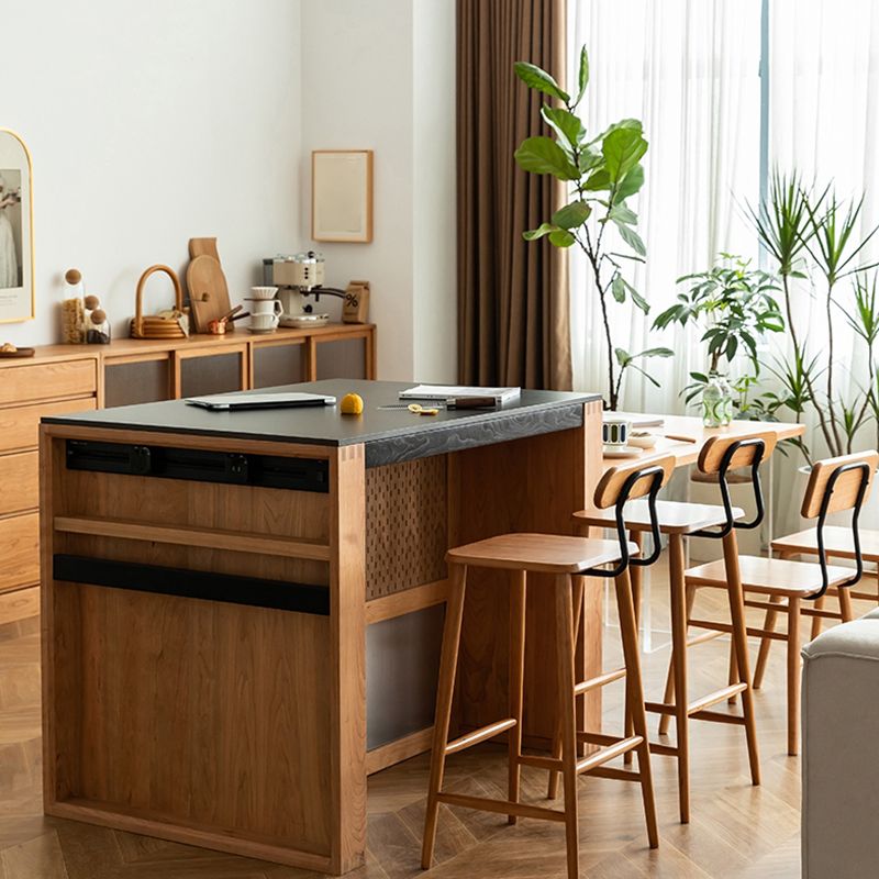 Black Stone Rectangular Kitchen Island Table with Solid Wood Storage Base