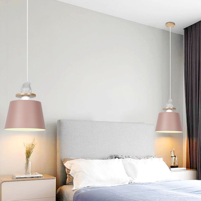 Aluminum Bucket Shade Hanging Light with Bird Deco 1 Bulb Macaron Pendant Lamp for Kid Bedroom