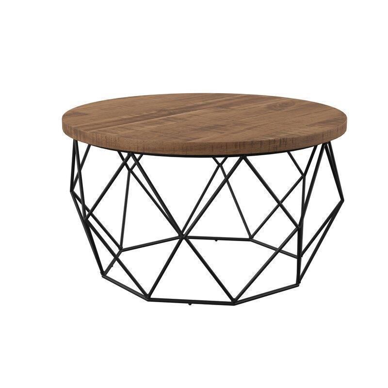 Contemporary Wooden Top Round Coffee Table with Black Metal Frame Base
