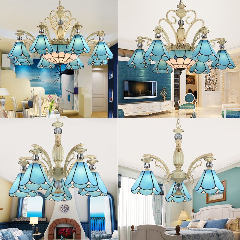 Blauw glas geschulpte kroonluchter mediterrane eetkamer plafond suspensielamp