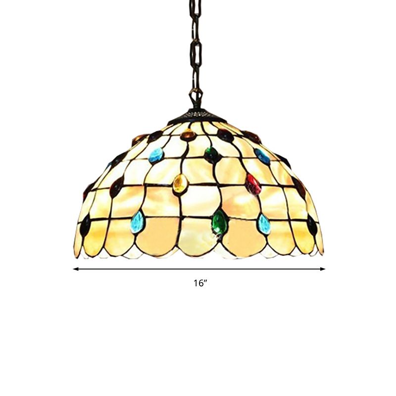 16"/19.5" W Stained Glass Bowl Drop Lamp Tiffany-Style 2 Heads Beige Pendant Lighting Fixture with Cabochons Gemstone