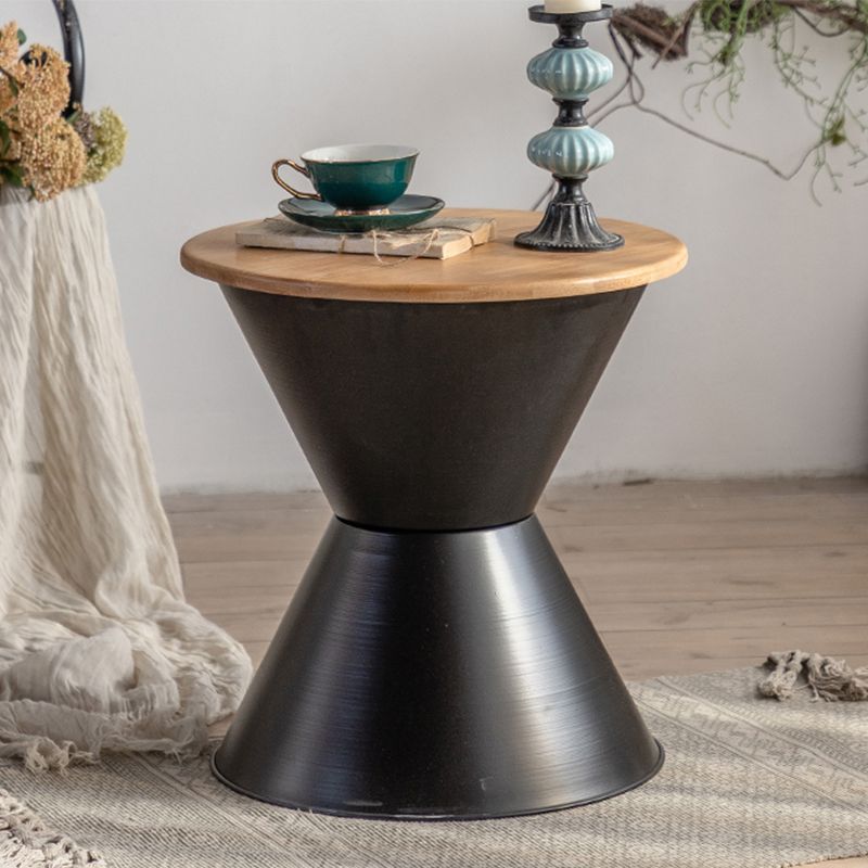 Round Solid Wood Top Coffee Table Iron Pedestal Cocktail Table
