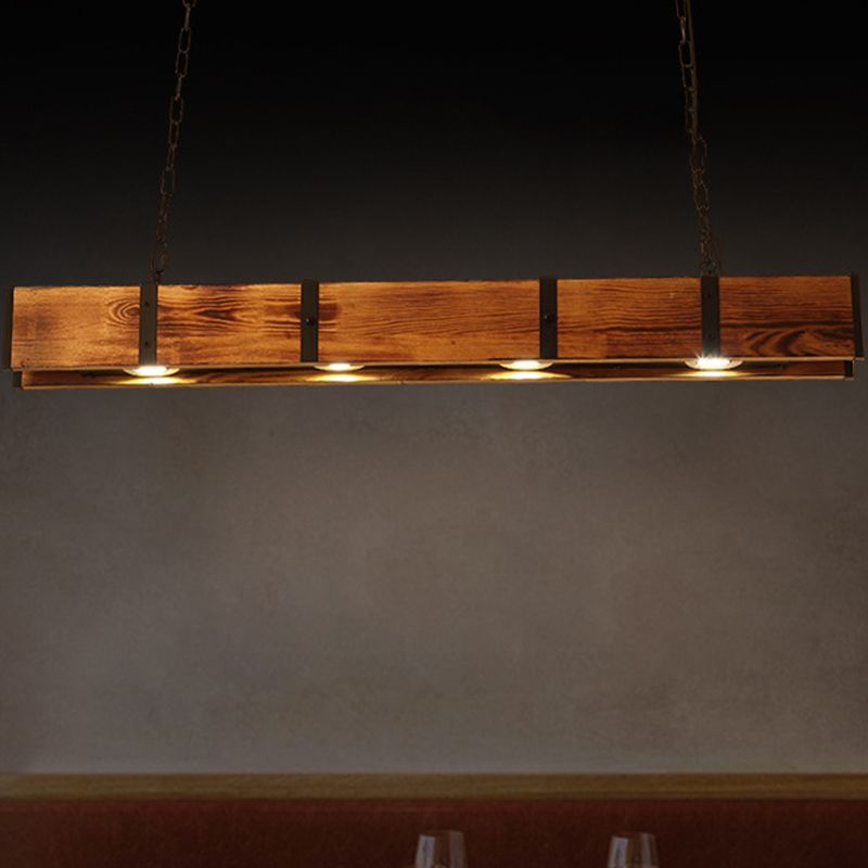 Rectangular Wooden Island Ceiling Light Industrial 4 Lights Brown Island Lamp with Metal Chain