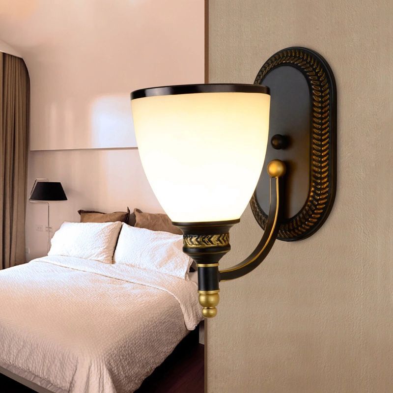 Black Bell Shaped Wall Lamp Rustic White Frost Glass Living Room Wall Light Fixture