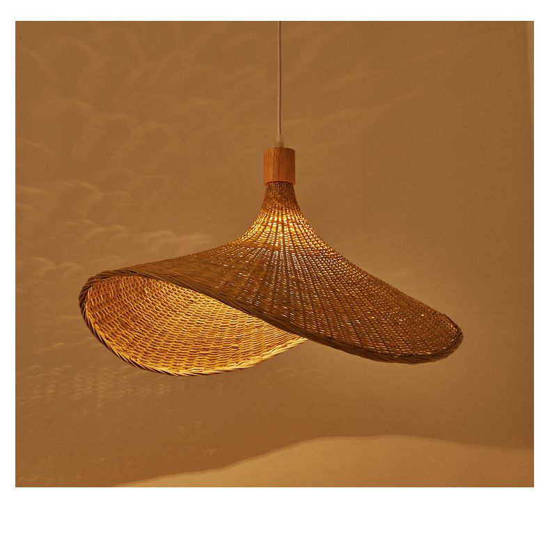 Beige Straw Hat Shape Hanging Lamp Kit Asian 1-Light Rattan Ceiling Pendant Light for Dining Table