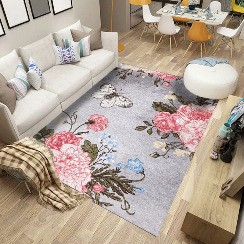 Modern Floral Printed Rug Trendy Polyester Area Carpet Anti-Slip Backing Rug for Home Decoration
