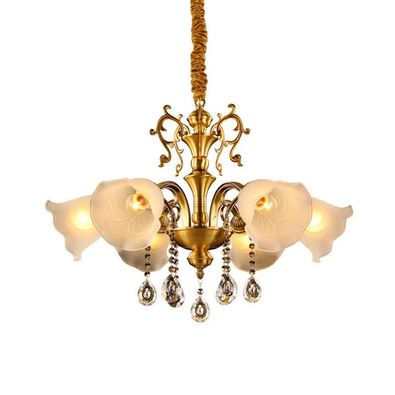 Vintage Floral Shade Ceiling Pendant Light Crystal Orbs 6 Heads Hanging Chandelier in Brass