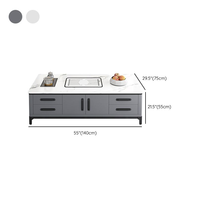 Contemporary Cocktail Table Stone Rectangle Top 4 Legs with 8 Drawers