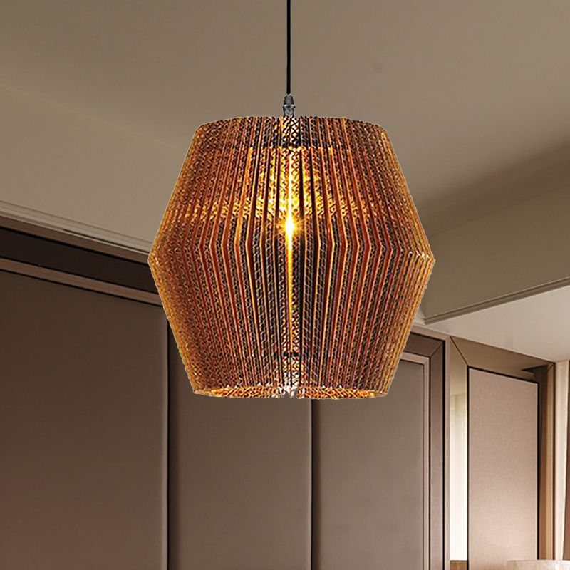1 lampe à suspension légère avec cylindre / ombre ovale en papier ondulé de papier élégant asiatique élégant luminaire en marron en marron