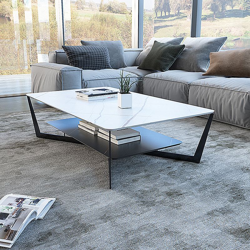 Cross Table Base Design Black Metal Base Slate Top Rectangular Coffee Table