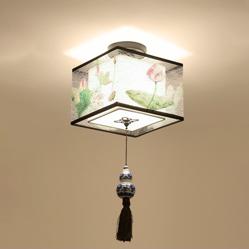 Chinese Style Flush Mounted Ceiling Lights Fabric Shade Lighting Fixture for Foyer Bedroom