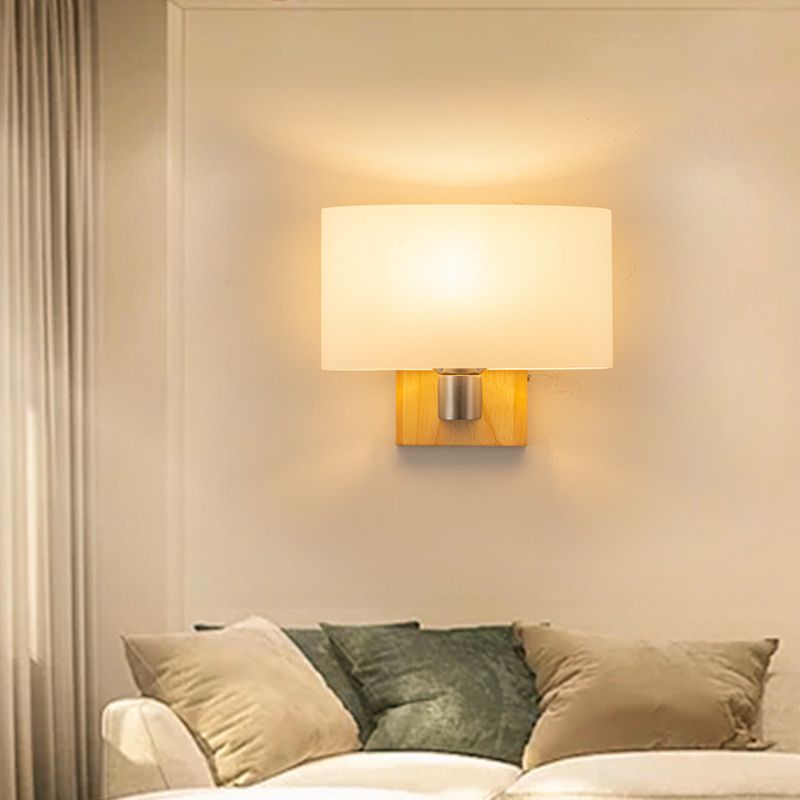 Rectangular Glass Shade Bedroom Wall Lamp Nordic Simplicity Single Bulb Sconce Light with Solid Wooden Base