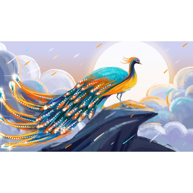 Non-Woven Large Blue Mural Chinese Peacock on Cliff with Full Moon Scene Wall Art, Custom Size