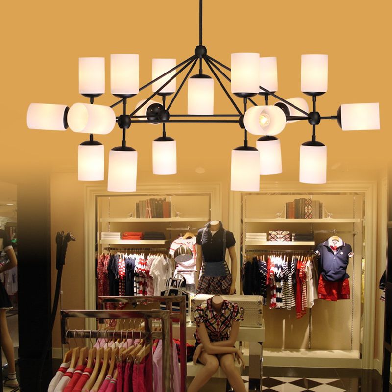 Black Cylinder Shade Pendant Lighting Classic Opal Verre 18 Lumières Chandelier de salon