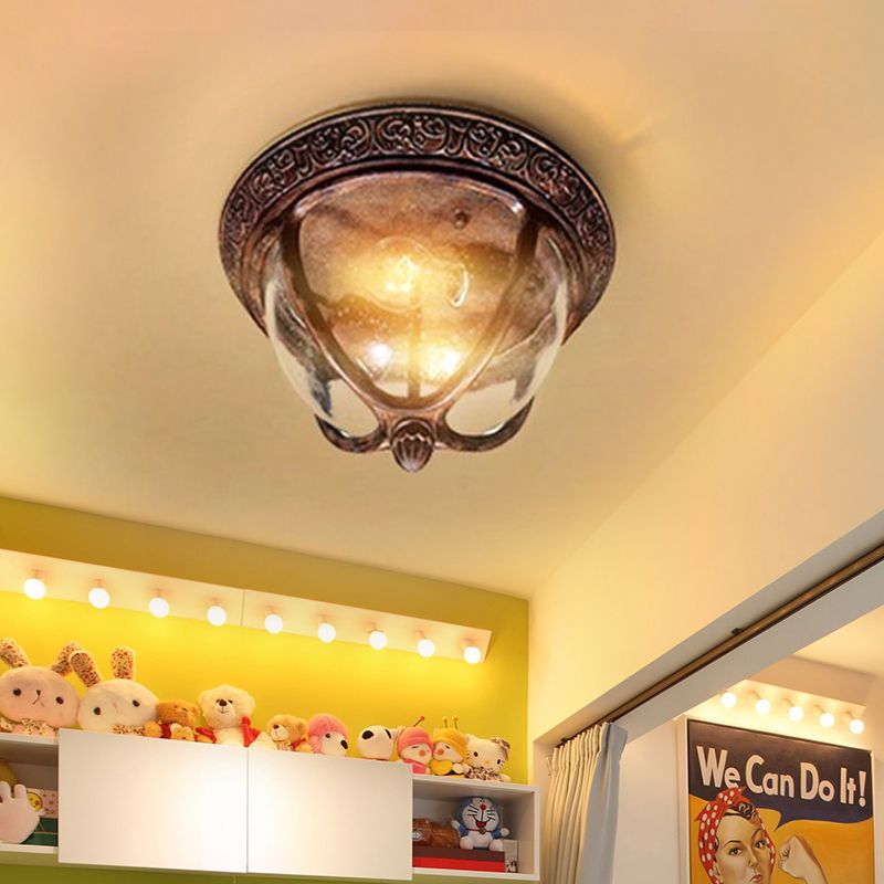 Copper Bowl Flush Lighting Vintage Seeded Glass 2 Bulbs Outdoor Flush Lighting for Balcony