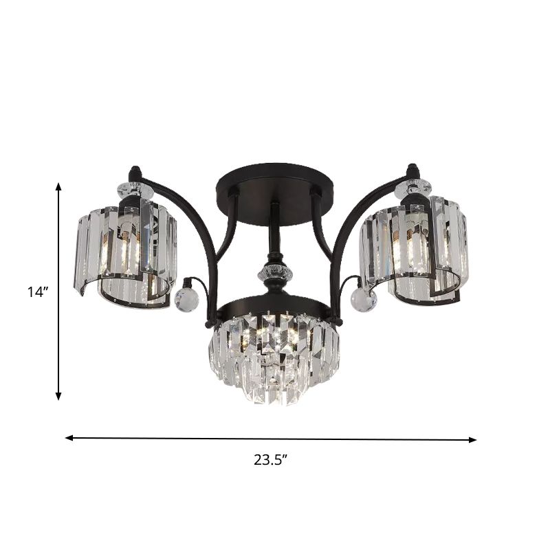 Metallic Curbe ARM SEMI FUSH MOUR MODERNE MODERNE 3/6 BULB DES PLAUDES PLAGE FUSHER EN NOIR AVEC CYLINDRE CRISTAL