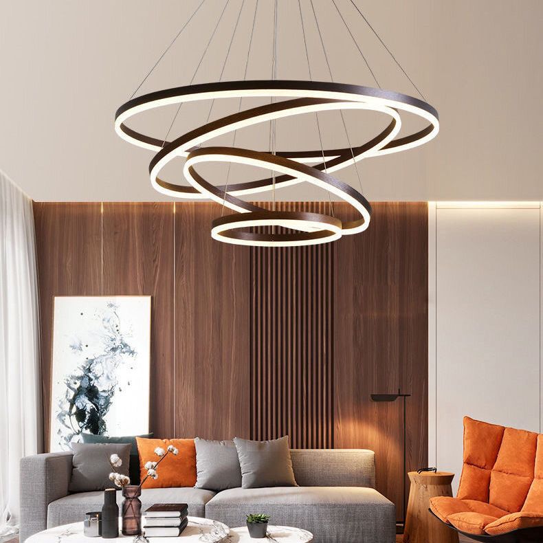Coffee Orbicular Chandelier Light Fixture Minimalist Style LED Metal Pendant Light Fixture