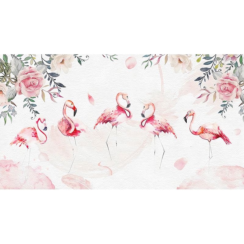 Pink Flamingo Wall Art Water-Resistant Mural Wallpaper for Girl's Bedroom