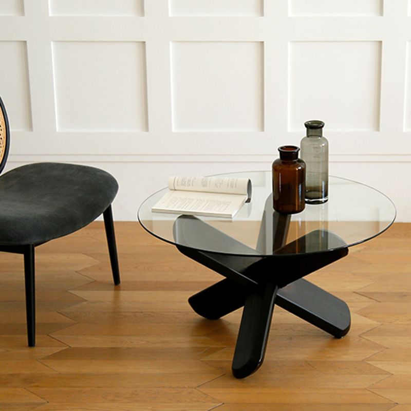 Modern Round Glass Coffee Table 17.7" H Cross Legs Cocktail Table