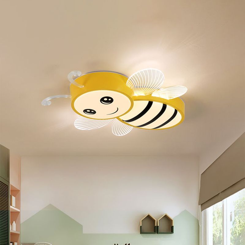 Bee Flush Mount Fixture Kids Plastic Pink/Yellow/Blue LED Close to Ceiling Lamp for Children Bedroom