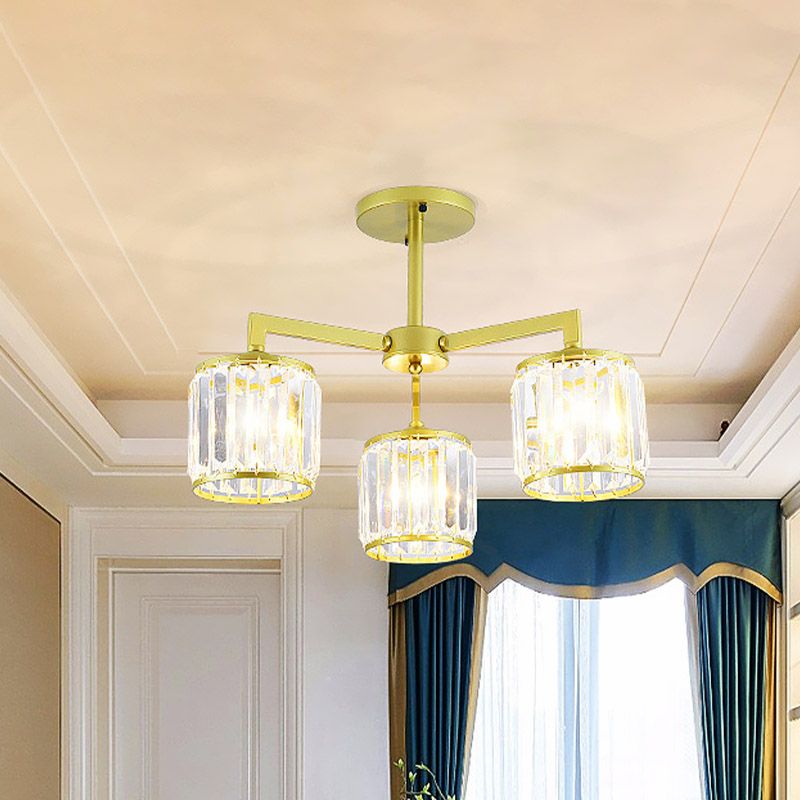 Cilindro de cristal K9 Semi Flush Postmoderno 3/6 Bulbos Sala de estar Techo Monte en oro