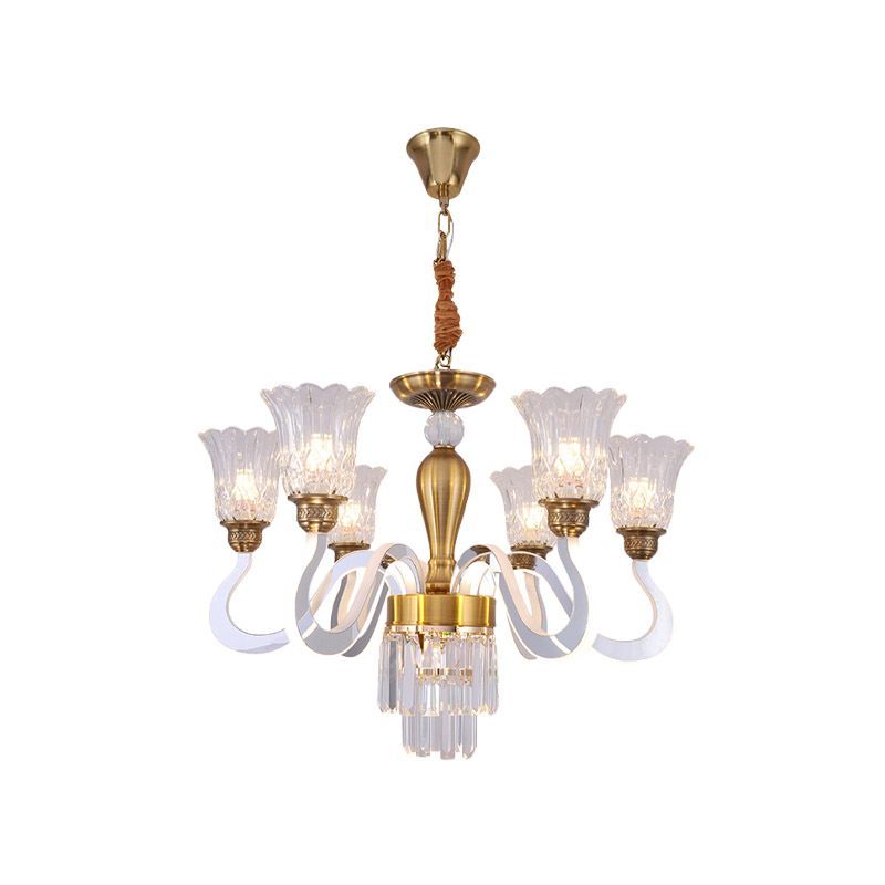 Clear Crystal Flower Ceiling Lamp Contemporary 6-Head Dining Room Chandelier with Acrylic Arm