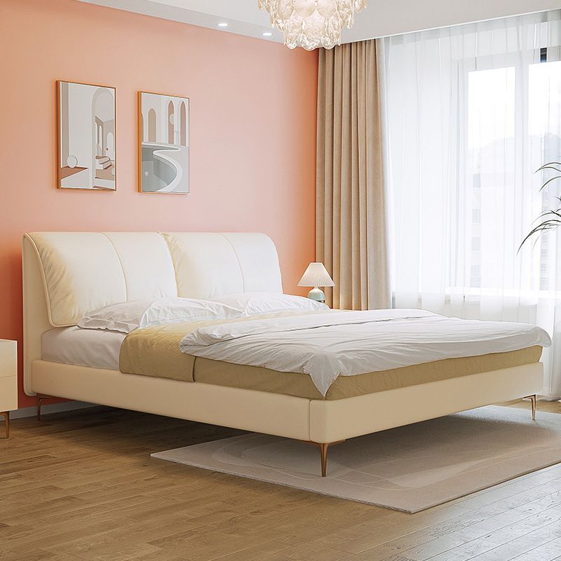 Glam Cream Bed Frame Genuine Leather Upholstered Standard Bed with Storage