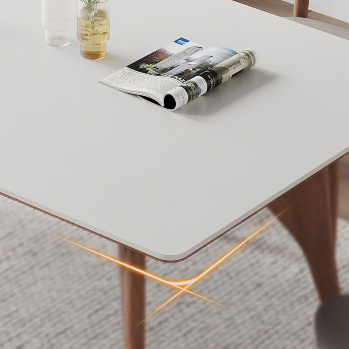 Modern Rectangular Stone Top White Dining Table with 4 Solid Wood Legs