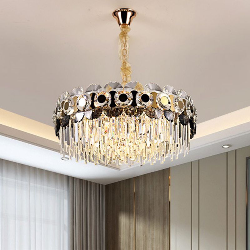 12 Bulbs Clear Crystal Prismatic Chandelier Contemporary Gold Round Living Room Hanging Light