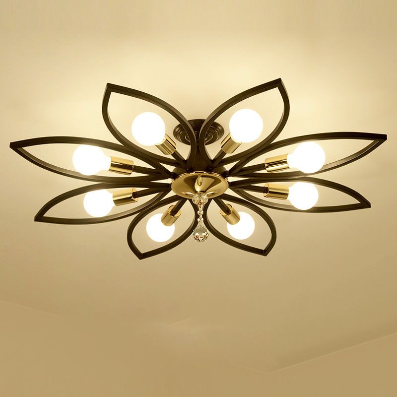 Floriated Semi Flush Mount in Industrial Retro Style Bare Bulb Metal Ceiling Light in Black