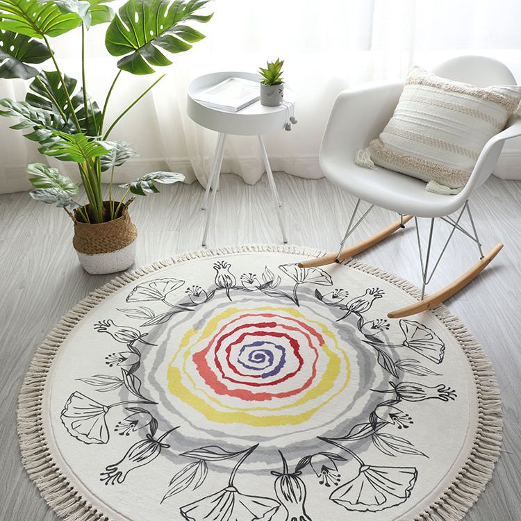 Round White Tone Modern Indoor Rug Polyester Floral Print Rug Non-Slip Backing Indoor Rug for Living Room