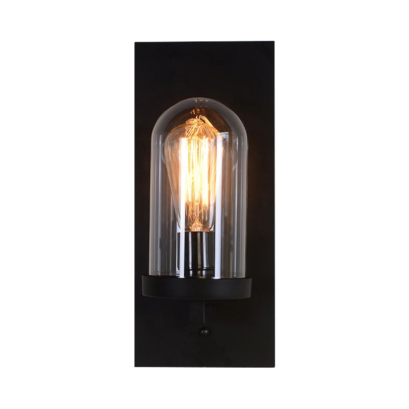 Black Rectangular Wall Light Sconce Retro Metal 1 Lampe murale de tête de tête avec cloche en verre transparent