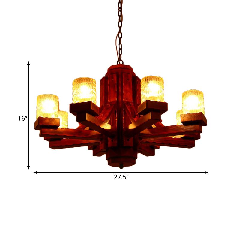 Brown Sputnik Hanging Chandelier Rustic Wood 8 Lights Living Room Ceiling Fixture with Cylinder Dimpled Glass Shade