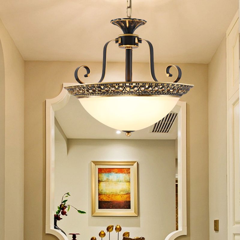Metal Gray and Black Pendant Lamp Bowl 3 Light Traditional Chandelier Light Fixture with Frosted Glass Shade