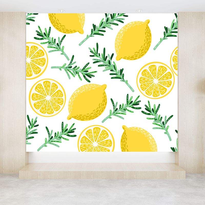 Modern Fruit and Leaves Mural Wallpaper Lemon Yellow Natural Botanical Wall Covering