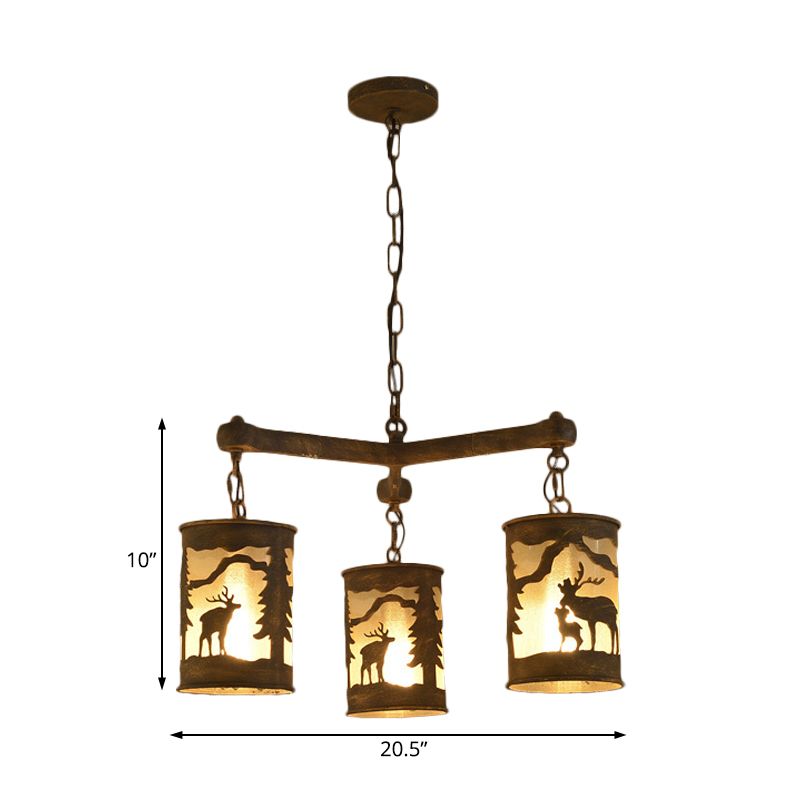 Cylinder Metal and Fabric Chandelier Light Rustic 3/6/9 Lights Dining Room Pendant Lighting in Brown with Deer Pattern