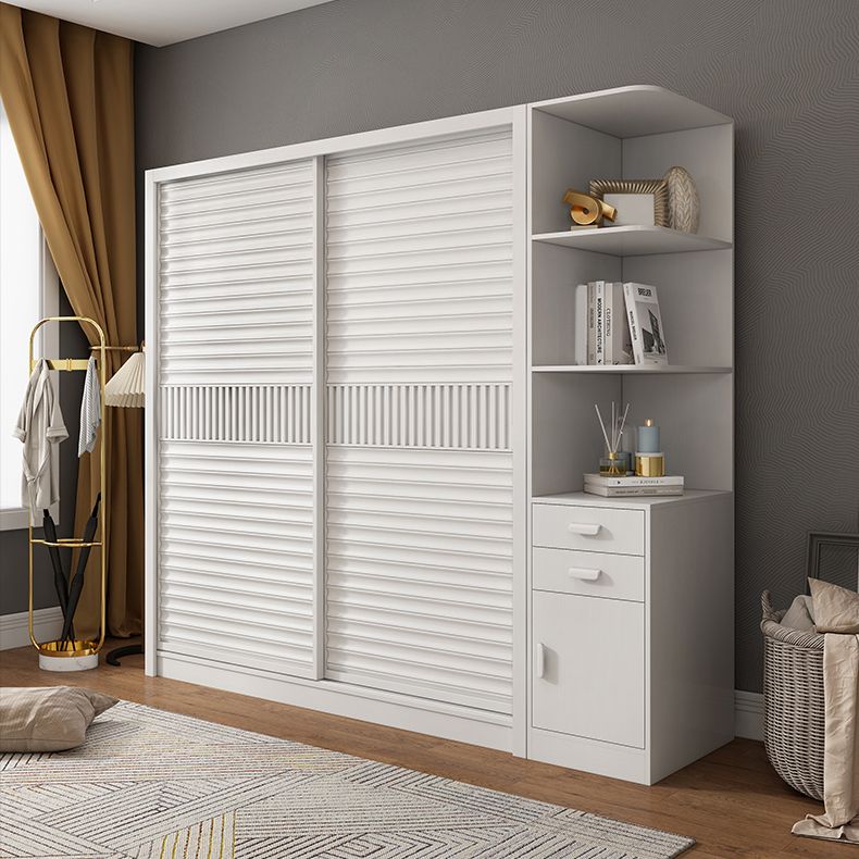 White Sliding Wardrobe Closet with Shelves Wooden Wardrobe Armoire