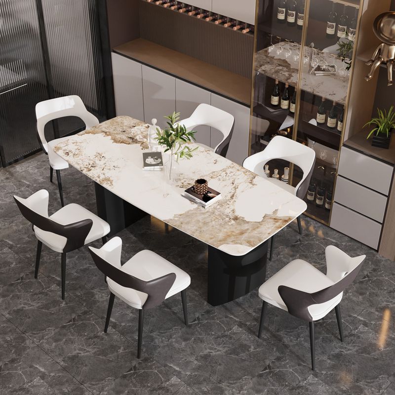 Modern Steel Dinette Set 1/2/7 Pieces Rectangle White Sintered Stone Top Dining Table Set