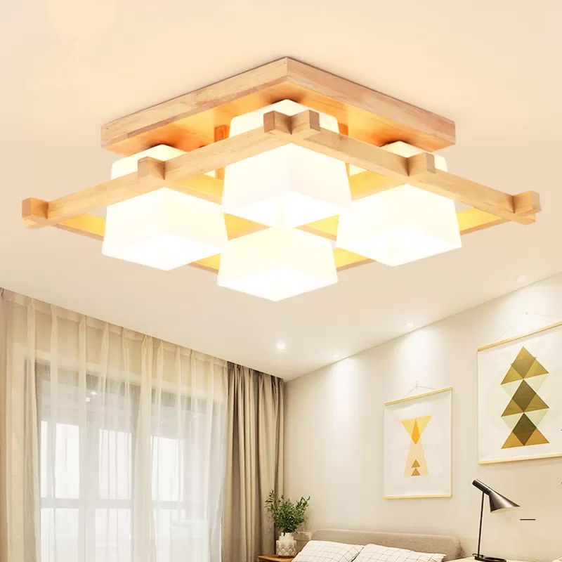 Nordic 4/6/9-Light Ceiling Mount Light Wood Grid Semi Flush Mount with Opal Frosted Glass Shade