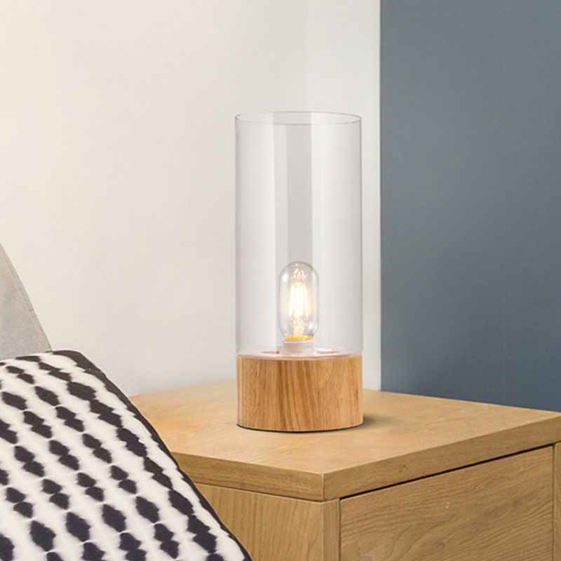Dormitorio de cilindro escritorio pequeño ligero vaso transparente 1 LED de lectura de led simple lámpara de libro con base de madera