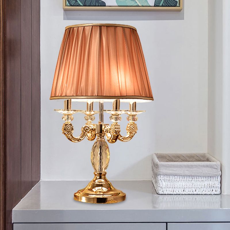 Metal Candelabra Shaded Table Light Traditional 4 Heads Sleeping Room Nightstand Lamp in Gold with Crystal Raindrops