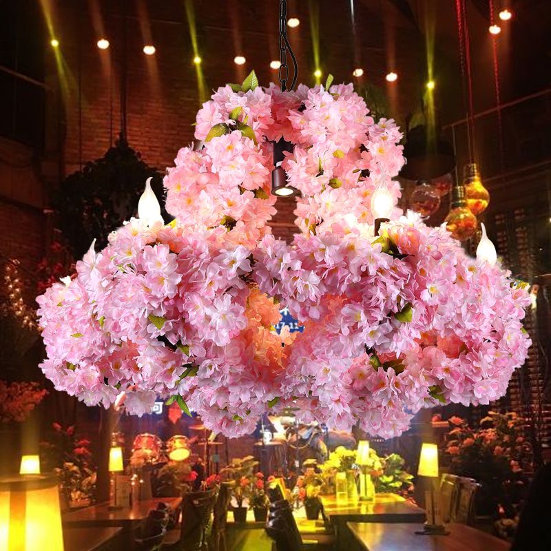Metal Floral Chandelier Lamp Industrial 7 Lights Restaurant Ceiling Pendant in Pink