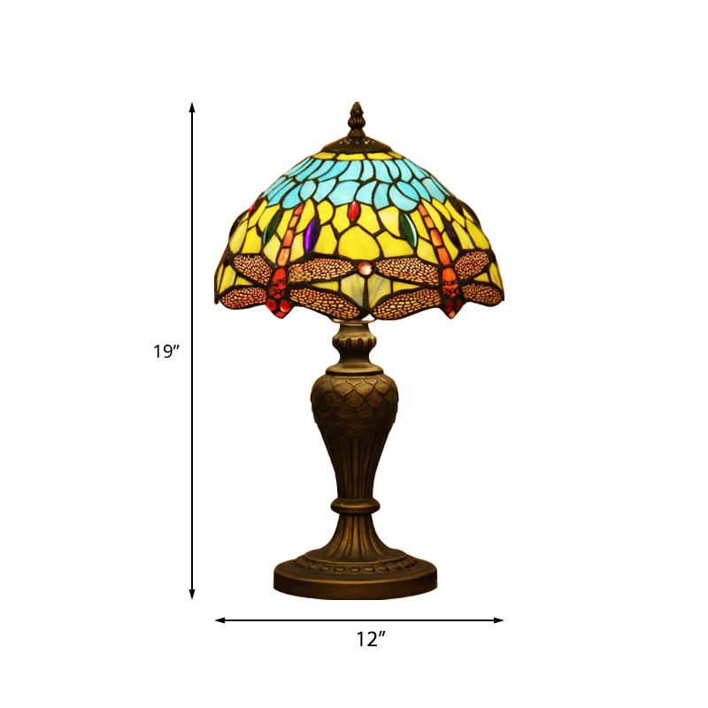 Lumière de nuit en forme de vitrail 1 lampe de bureau à motifs de libellule en jaune clair et bleu avec base en forme d'urn