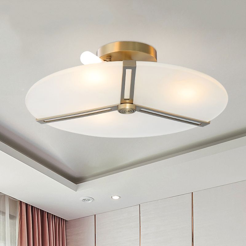 Retro Plate Frosted Glass Semi Flush 3 Bulbs Ceiling Mount Chandelier with Brass Band