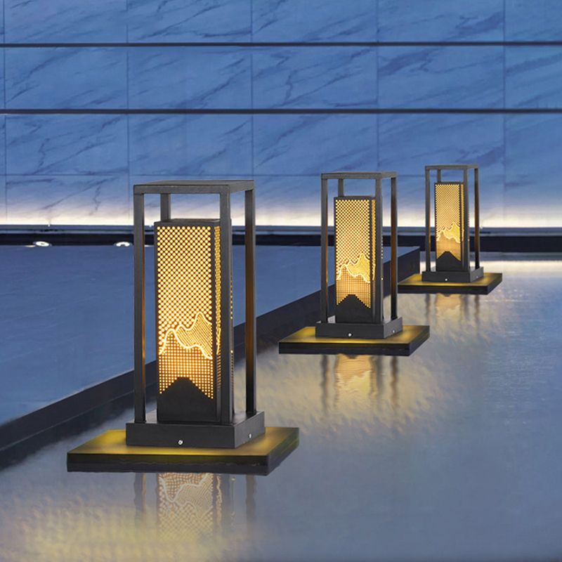 Modern Metal Pillar Lamp Rectangle Outdoor Waterproof Light in Black