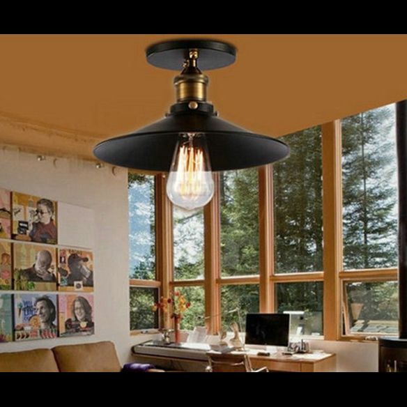 Éclairage de plafond noir 1 Light Retro Industrial Iron Cone Shade Semi Flush Mount Éclairage pour table à manger