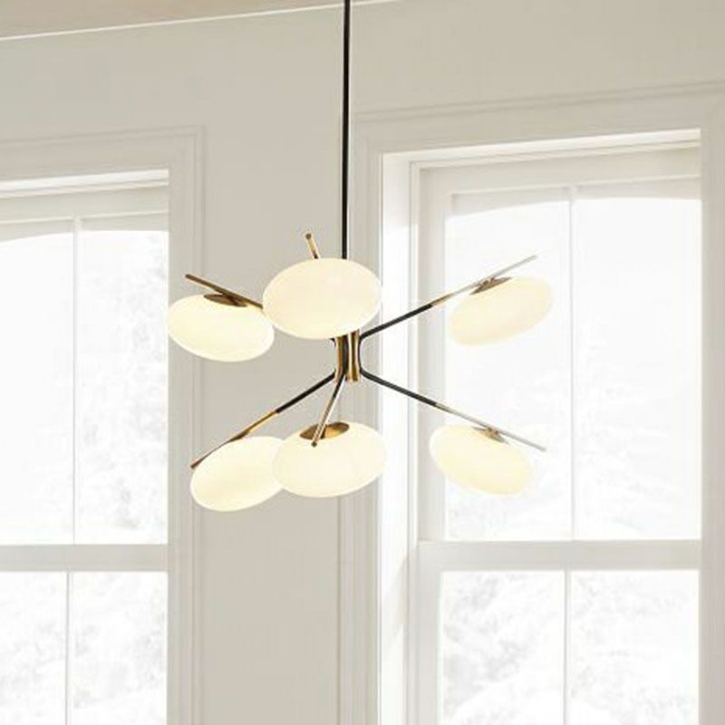 Minimalistic Chandelier Lamp Black-Brass Oval Ceiling Hang Light with Cream Glass Shade