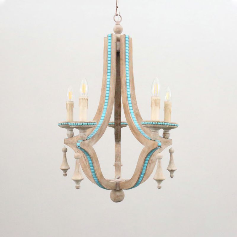 Chandelier de lustre en bois rustique 5 têtes Kit de lampe suspendue beige pour le salon