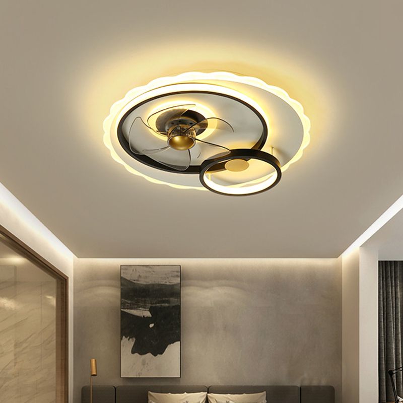 Circle 5-Blade Semi Flush Light Fixture Contemporary Metal Black LED Hanging Fan Lamp, 19.5 Inch Wide