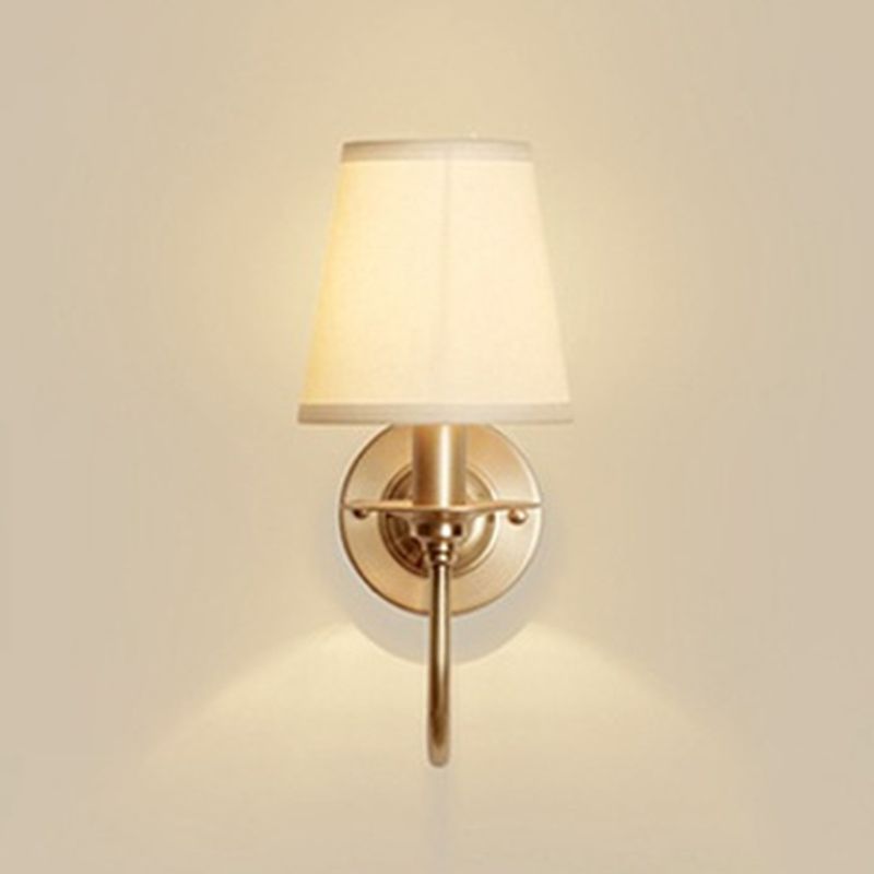 1-Light Cone Wall Mounted Light Traditional White Fabric Wall Lamp with Swoop Arm in Gold